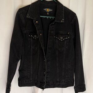 Lucky Brand Black Denim Jacket Studded Trucker Moto Y2K Western XL